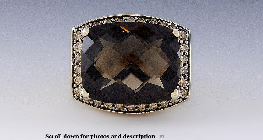 Fabulous 24ct Smoky Quartz Champagne Diamond 14k Gold Cocktail Ring Size 7.25