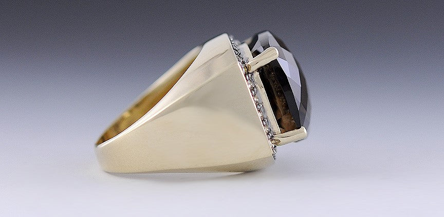 Fabulous 24ct Smoky Quartz Champagne Diamond 14k Gold Cocktail Ring Size 7.25
