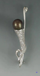 Neat 14k White Gold Black Pearl And Diamond Plant Pin Brooch