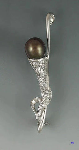 Neat 14k White Gold Black Pearl And Diamond Plant Pin Brooch