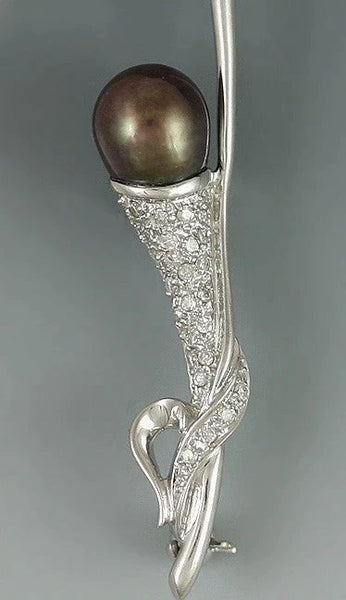 Neat 14k White Gold Black Pearl And Diamond Plant Pin Brooch