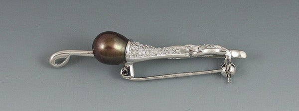 Neat 14k White Gold Black Pearl And Diamond Plant Pin Brooch