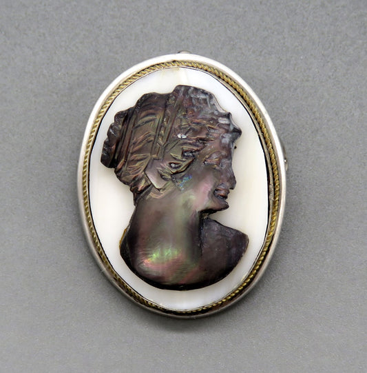 Lovely VTG Italian 800 Silver Abalone MOP Cameo Pin Brooch Pendant