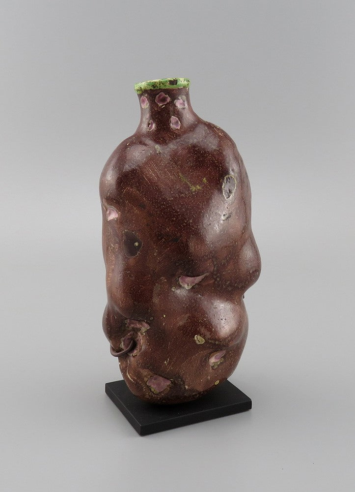 Rare c1820s-1860s American Folk Art Pottery Potato Flask Brown w Green and Pink