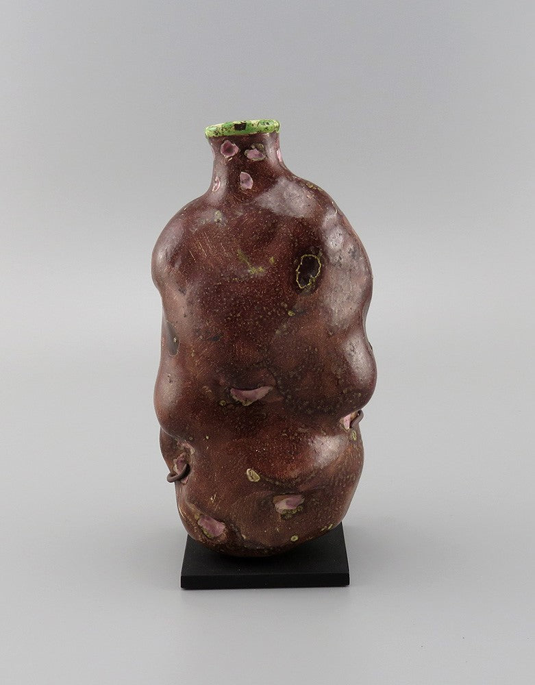 Rare c1820s-1860s American Folk Art Pottery Potato Flask Brown w Green and Pink