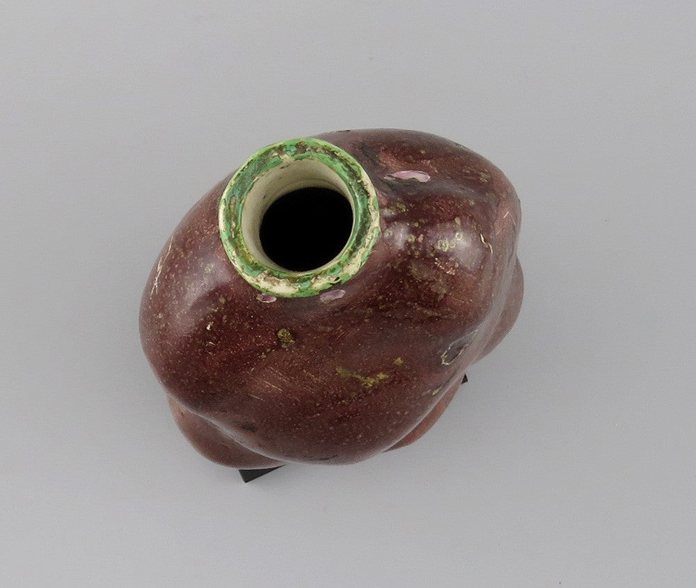Rare c1820s-1860s American Folk Art Pottery Potato Flask Brown w Green and Pink