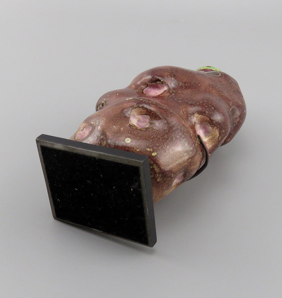 Rare c1820s-1860s American Folk Art Pottery Potato Flask Brown w Green and Pink