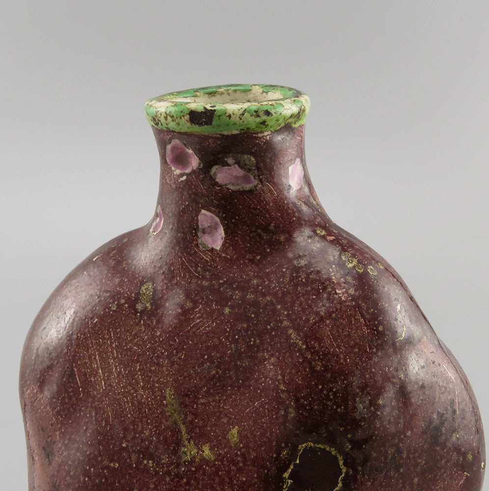 Rare c1820s-1860s American Folk Art Pottery Potato Flask Brown w Green and Pink