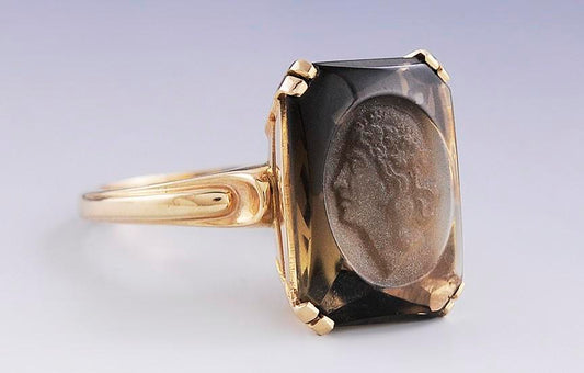Church Co. 14k Yellow Gold Carved Cameo Smoky Quartz Signet Ring Size 6.75