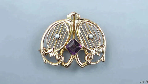 Charming Old c1900 10k Yellow Gold/Purple Glass Seed Pearl Art Nouveau Pin