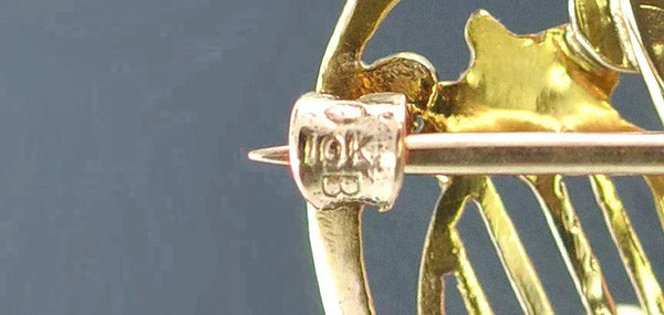 Charming Old c1900 10k Yellow Gold/Purple Glass Seed Pearl Art Nouveau Pin