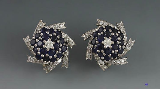 Striking Pair 14k White Gold Sapphire Diamond Earrings