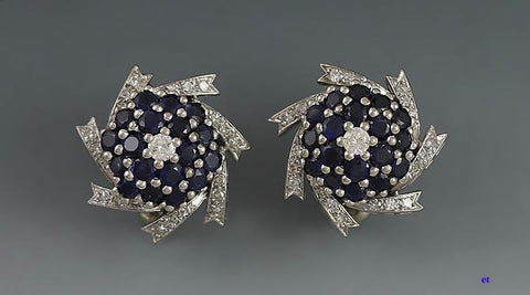 Striking Pair 14k White Gold Sapphire Diamond Earrings
