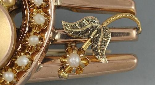 14K Gold Seed Pearl Ruby Painted Portrait Horseshoe Equestrian Brooch