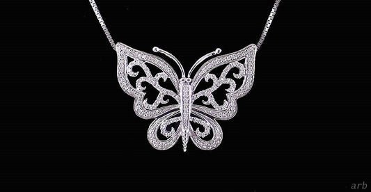 Asian Sterling Silver and Diamond-Studded Butterfly Necklace w/ Black Enamel