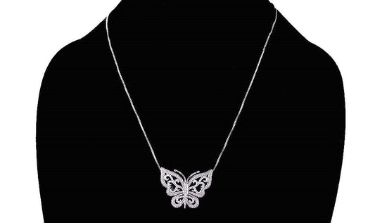 Asian Sterling Silver and Diamond-Studded Butterfly Necklace w/ Black Enamel