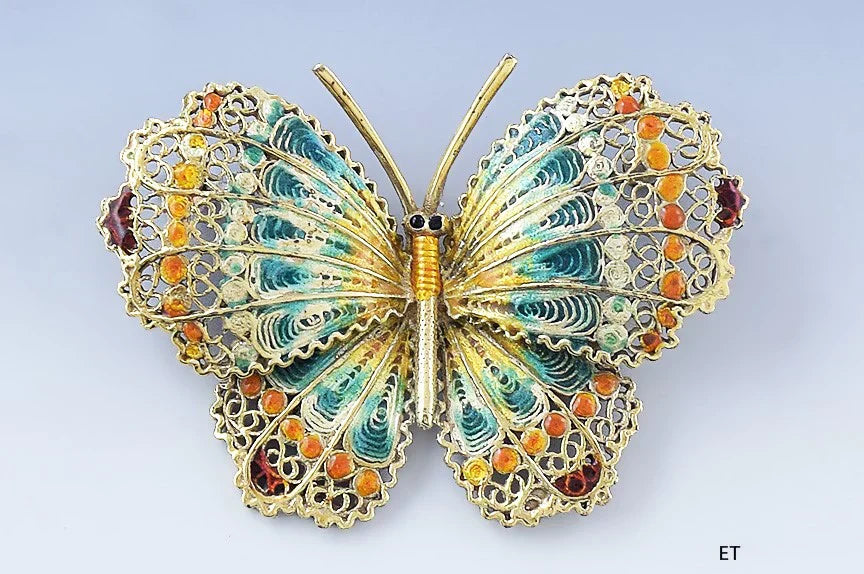 Stunning VTG 14k Gold Filigree & Colorful Enamel Butterfly Pin / Brooch