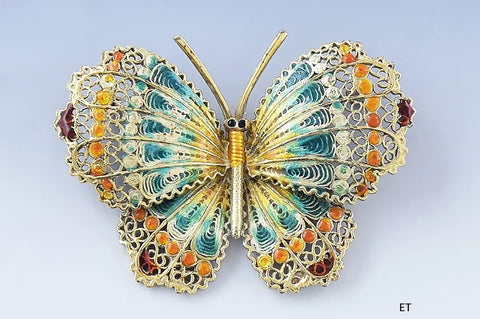 Stunning VTG 14k Gold Filigree & Colorful Enamel Butterfly Pin / Brooch