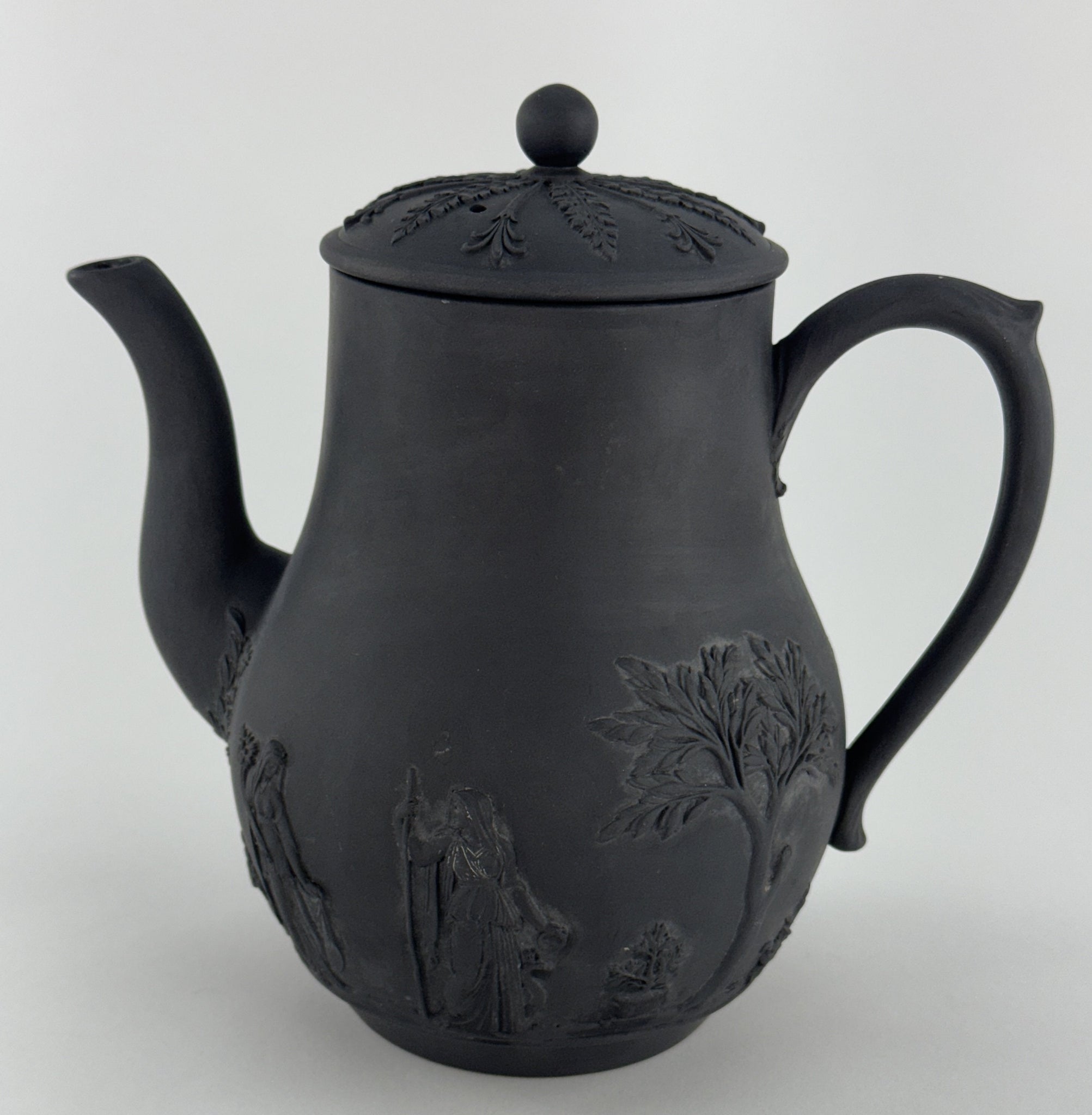 Fine Mid 1800s Wedgwood Black Basalt Coffeepot Classical Decorations
