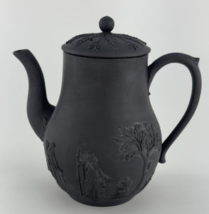 Fine Mid 1800s Wedgwood Black Basalt Coffeepot Classical Decorations