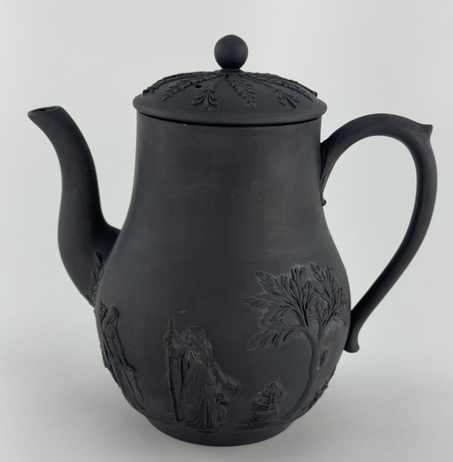 Fine Mid 1800s Wedgwood Black Basalt Coffeepot Classical Decorations