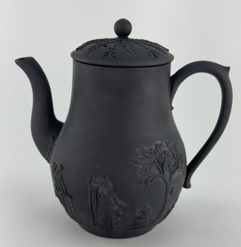 Fine Mid 1800s Wedgwood Black Basalt Coffeepot Classical Decorations