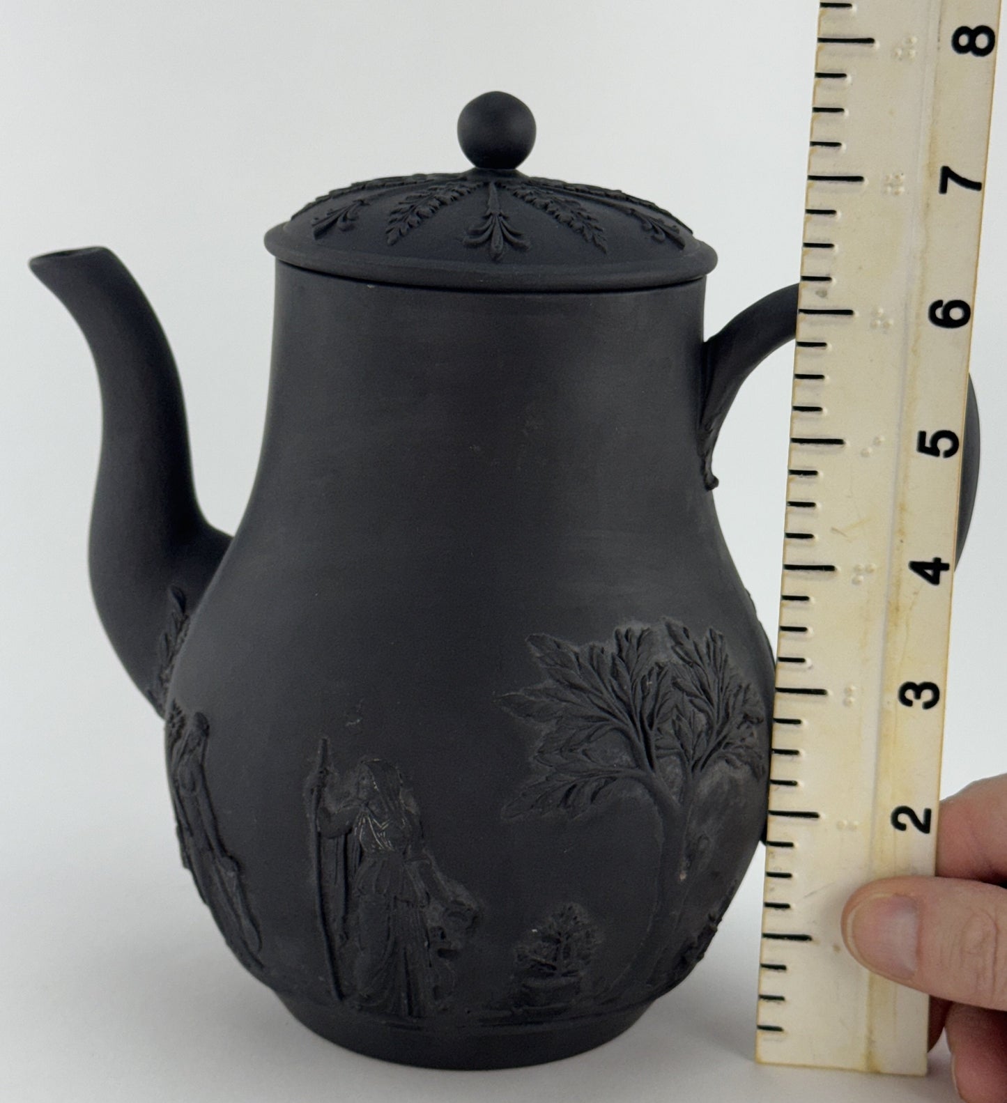 Fine Mid 1800s Wedgwood Black Basalt Coffeepot Classical Decorations