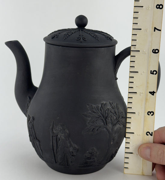 Fine Mid 1800s Wedgwood Black Basalt Coffeepot Classical Decorations