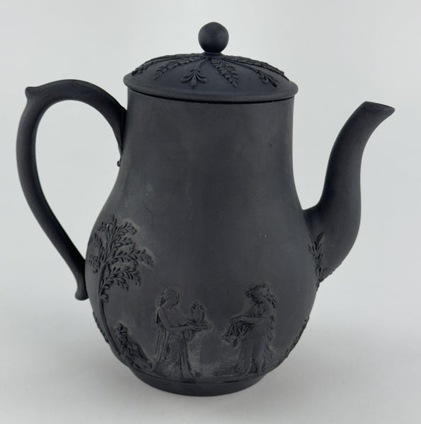 Fine Mid 1800s Wedgwood Black Basalt Coffeepot Classical Decorations