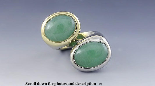 Superb 18k White and Yellow Gold Green Jadeite Jade Bypass Ring Heavy Setting