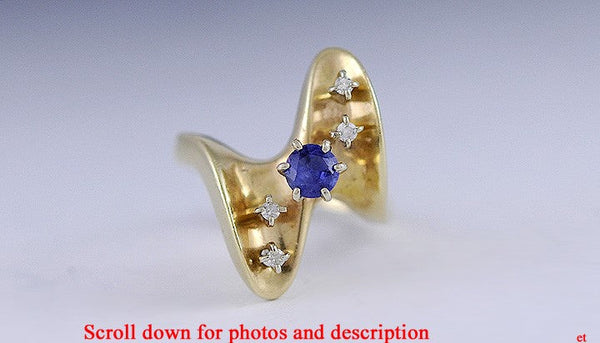 Unique 14k Yellow Gold Blue Sapphire & Diamond Wave Form Ring Size 4