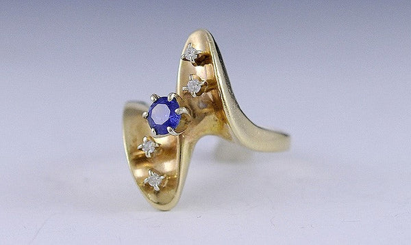 Unique 14k Yellow Gold Blue Sapphire & Diamond Wave Form Ring Size 4