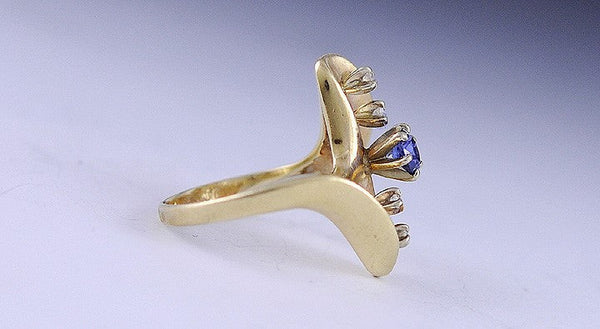 Unique 14k Yellow Gold Blue Sapphire & Diamond Wave Form Ring Size 4