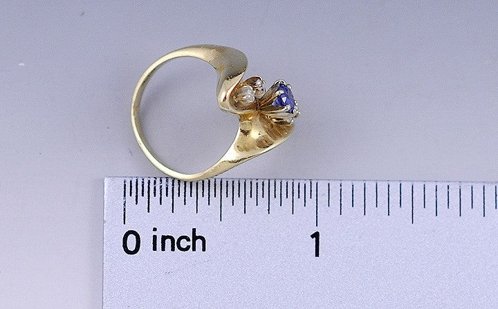 Unique 14k Yellow Gold Blue Sapphire & Diamond Wave Form Ring Size 4