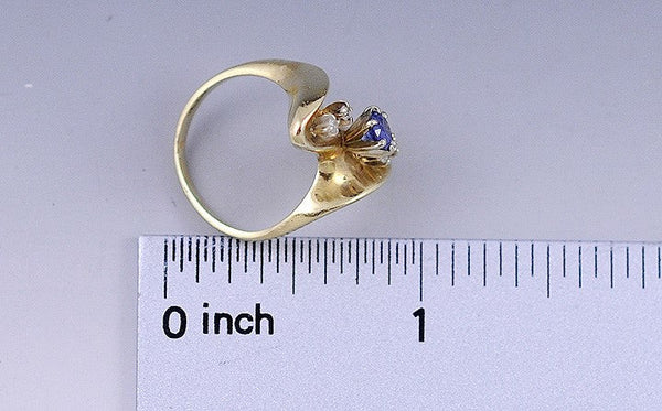 Unique 14k Yellow Gold Blue Sapphire & Diamond Wave Form Ring Size 4