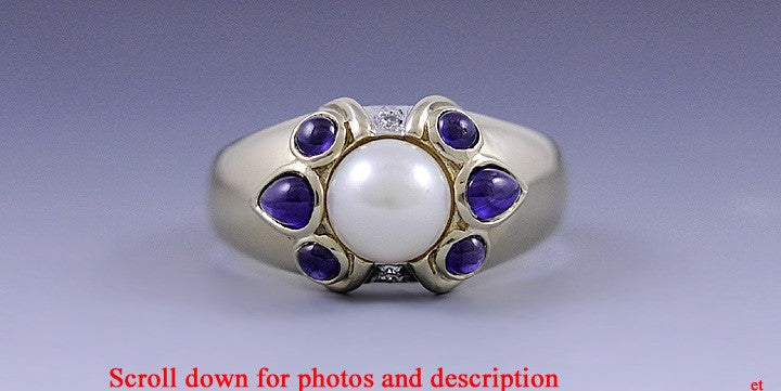 Attractive 14K Yellow Gold Sapphire Pearl & Diamond Ring Size 8