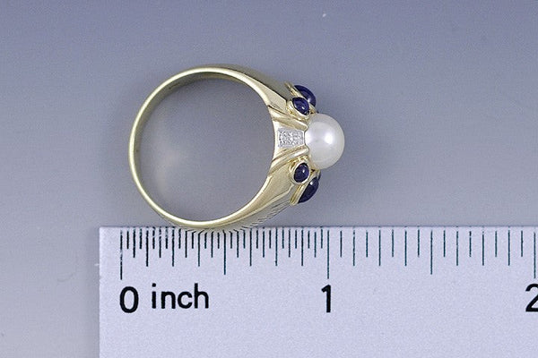 Attractive 14K Yellow Gold Sapphire Pearl & Diamond Ring Size 8