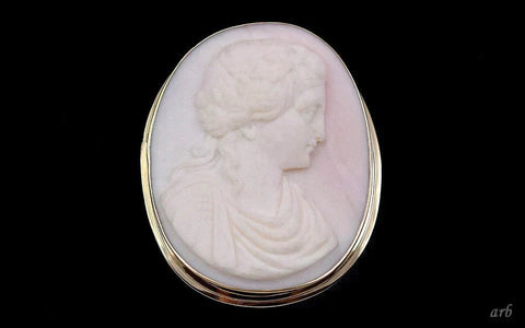 1840-70s 14K Yellow Gold Carved Pink-White Shell Cameo Pin w/ Young Man Profile