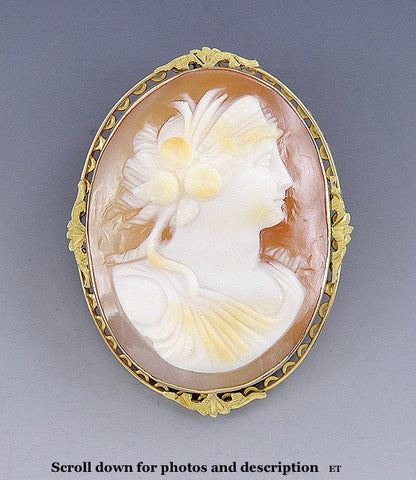 Antique Vintage c1910-1930 10k Yellow Gold Hand Carved Cameo Openwork Brooch Pin