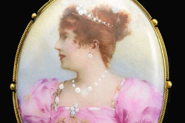 Fancy Antique Portrait on Porcelain Large Pin Lady in Pink w/ Gilded Frame