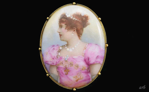 Fancy Antique Portrait on Porcelain Large Pin Lady in Pink w/ Gilded Frame