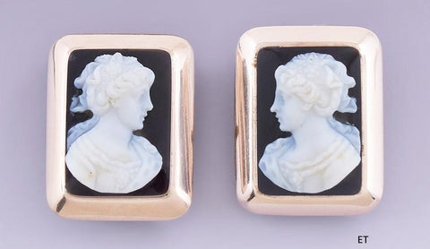 Late 1800s Handsome Pair 10k Rose Gold Carved Hardstone Cameo Cufflinks