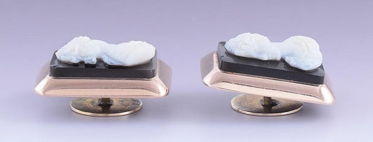 Late 1800s Handsome Pair 10k Rose Gold Carved Hardstone Cameo Cufflinks