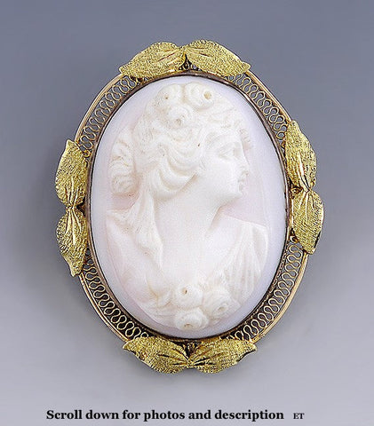 Nicely Carved Shell Cameo 10k Multi Tone Gold Filigree Brooch Pin Pendant