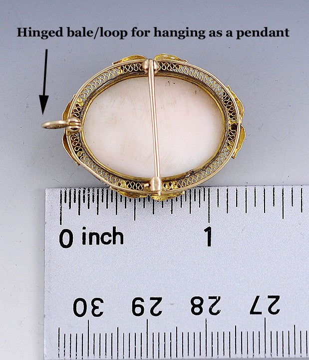 Nicely Carved Shell Cameo 10k Multi Tone Gold Filigree Brooch Pin Pendant
