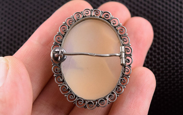 Nice Antique Silver and Carved Shell Cameo Filigree Pin of Woman