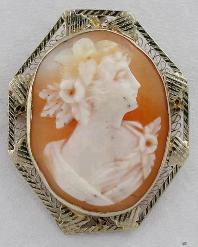 Classic Victorian 14k Gold Filigree Hand Carved Cameo of a Young Woman