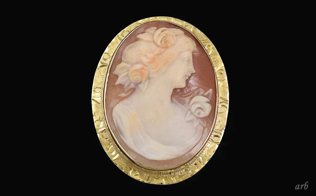 Stunning Antique Early 1900s 10k Yellow Gold and Carved Shell Cameo Pin