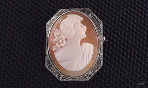 Lovely Old Edwardian 10k White Gold Carved Shell Cameo Lady Profile Pin