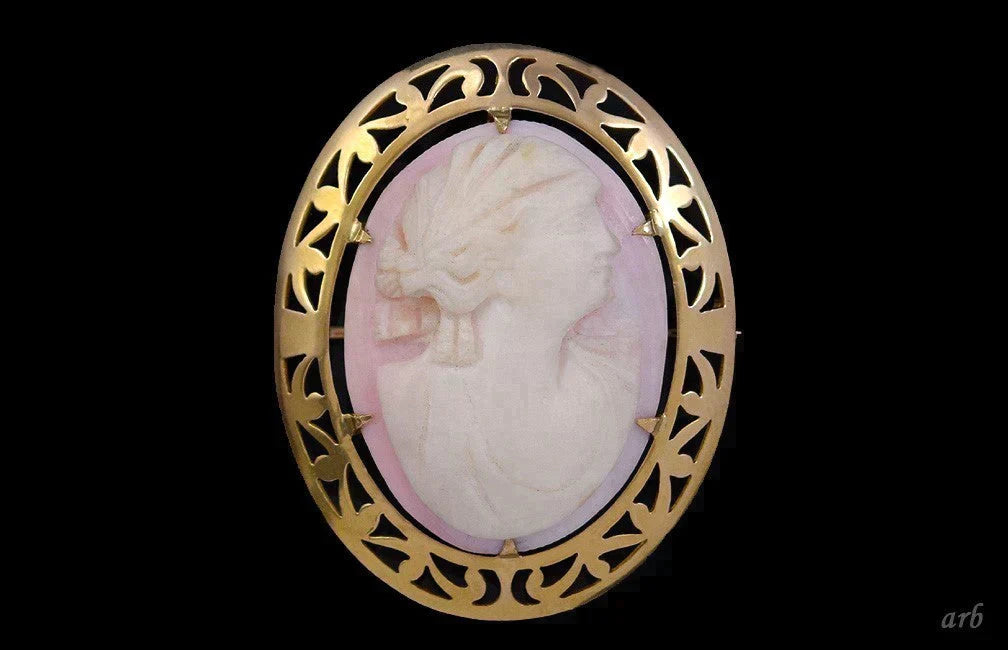 Art Deco 10k Yellow Gold Pierced Cameo Pin/Pendant w/ Carved Shell Woman Profile